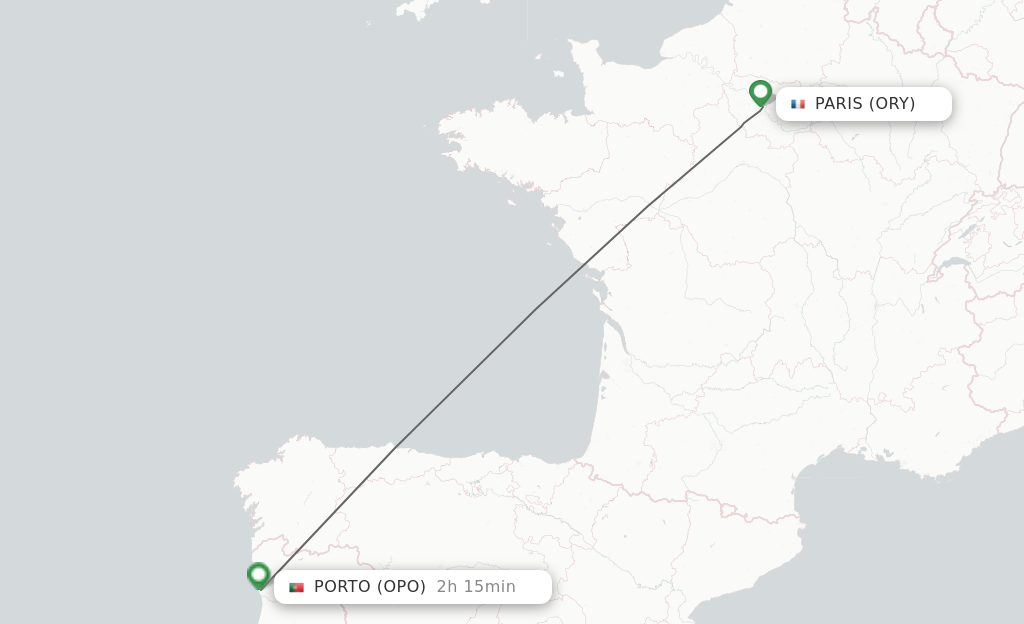 Flights from Paris to Porto route map