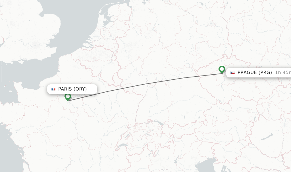 Flights from Paris to Prague route map