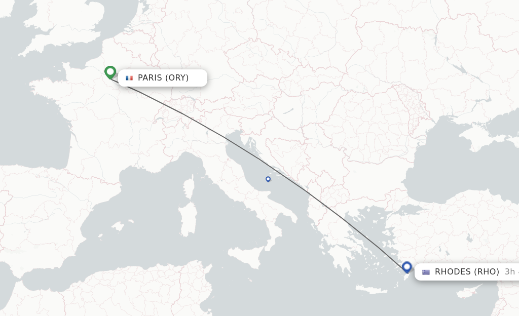 Flights from Paris to Rhodes route map