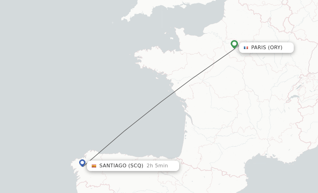 Flights from Paris to Santiago De Compostela route map