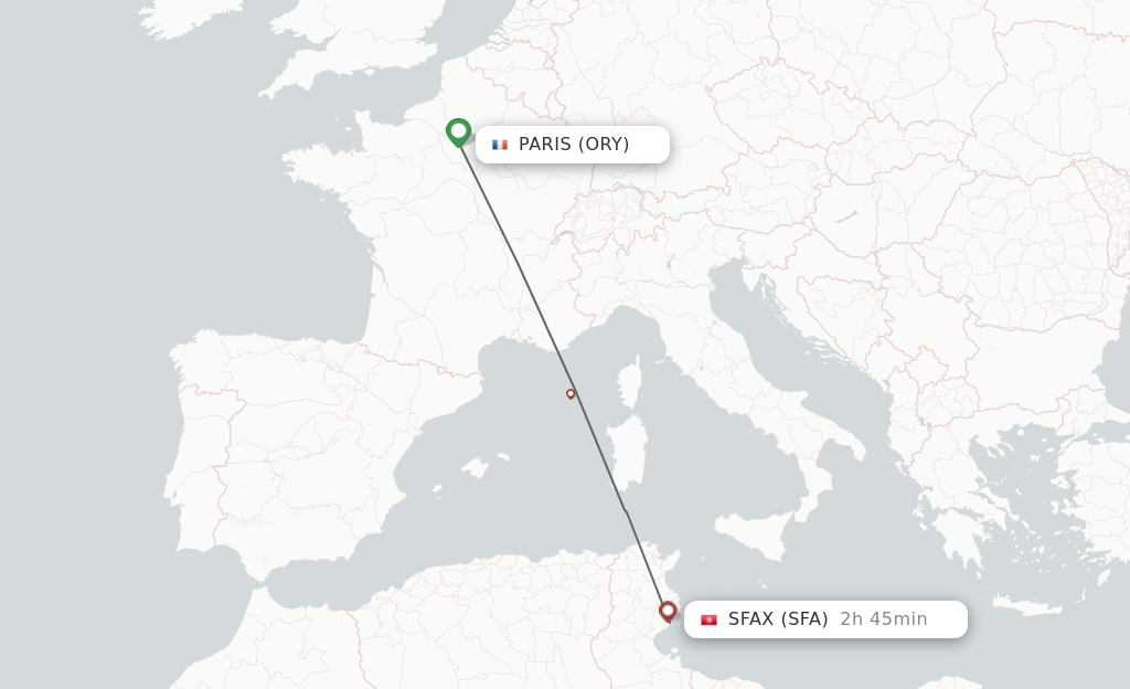 Flights from Paris to Sfax route map