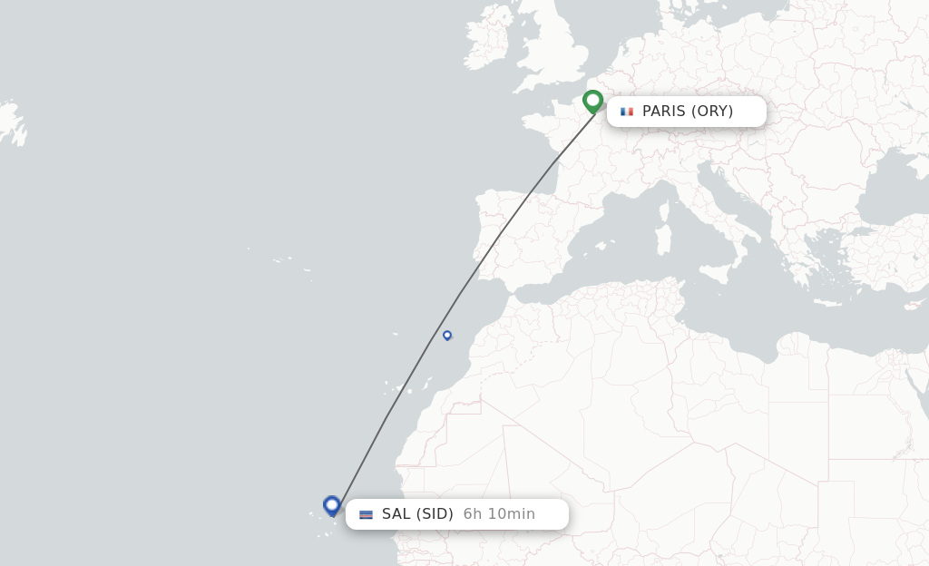 Flights from Paris to Sal route map