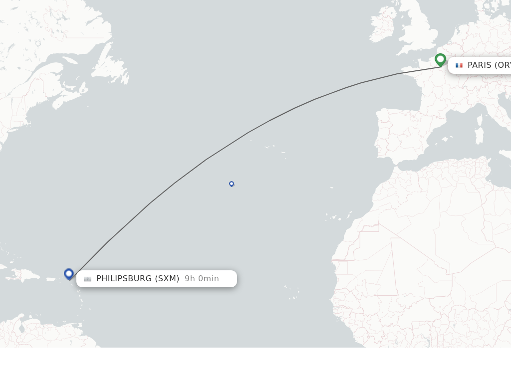 Flights from Paris to Sint Maarten route map