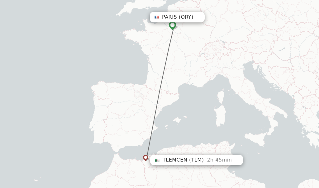 Flights from Paris to Tlemcen route map