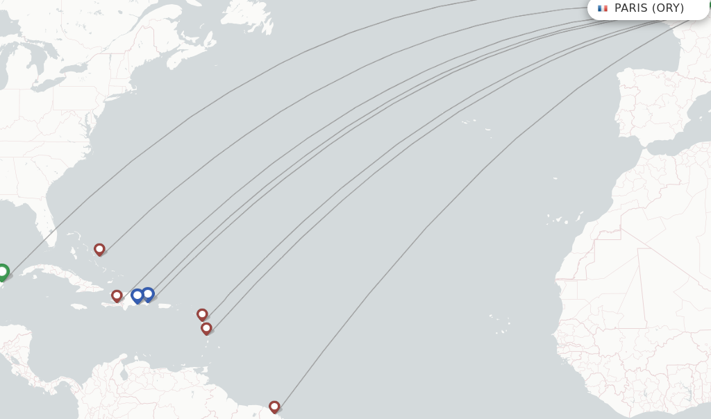 Route map with flights from Paris with Air Caraibes