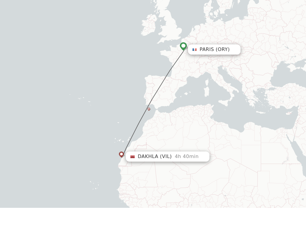 Flights from Paris to Dakhla route map