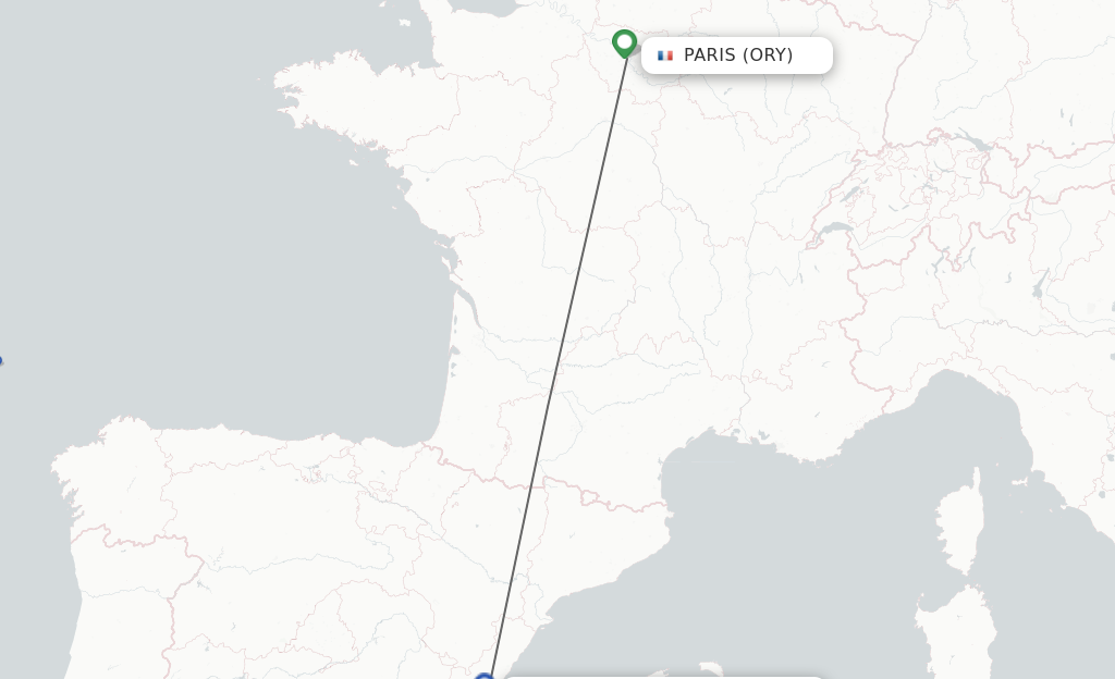 Flights from Paris to Valencia route map