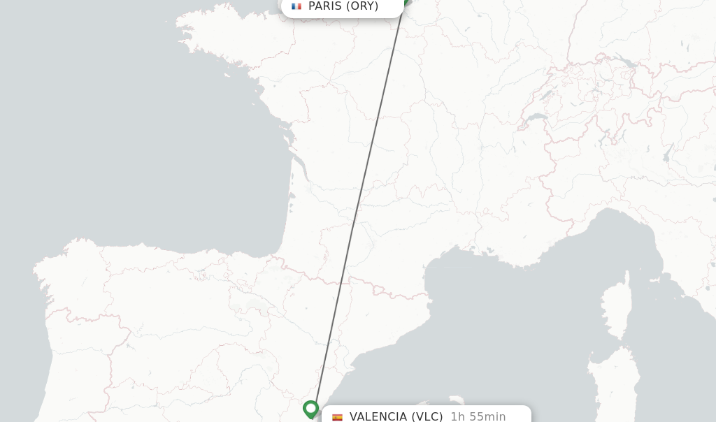 Flights from Paris to Valencia route map