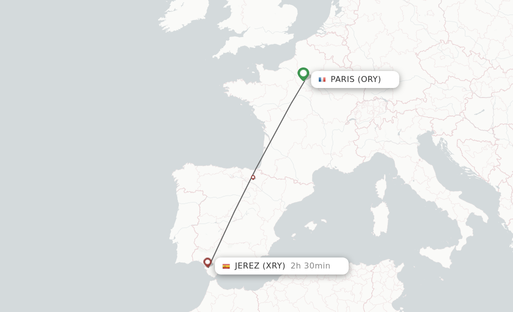 Flights from Paris to Jerez De La Frontera route map