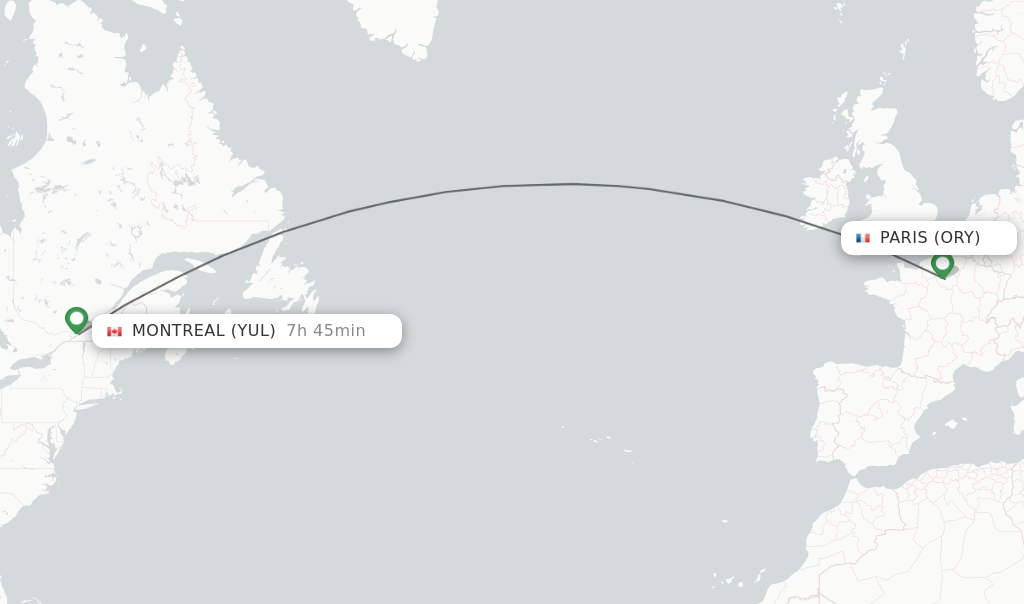 Flights from Paris to Montreal route map