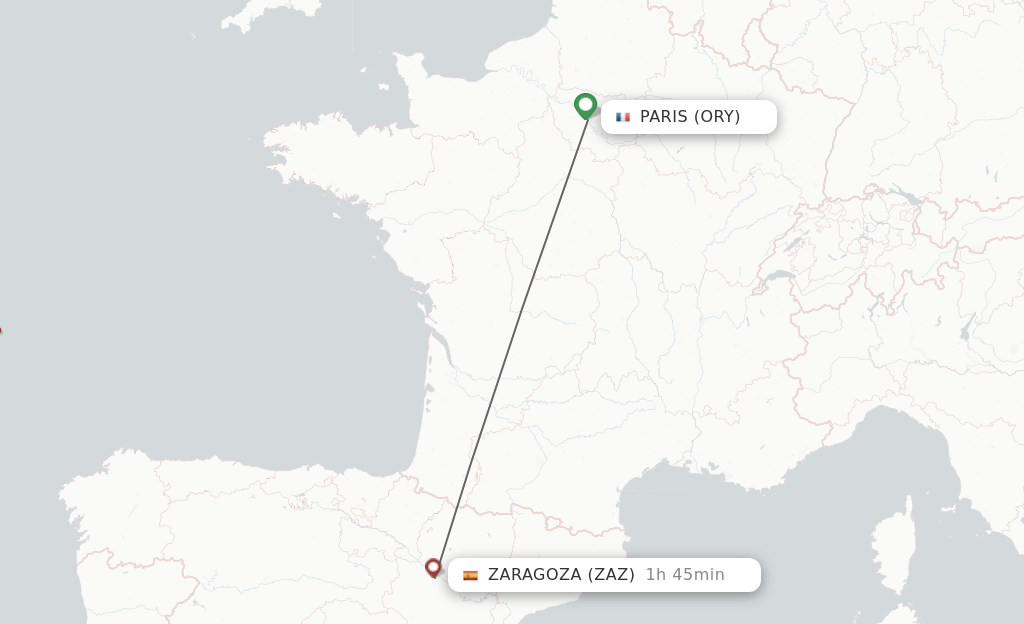 Flights from Paris to Zaragoza route map