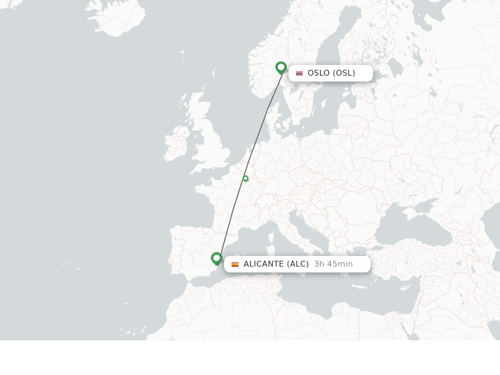 Flights from Oslo to Alicante route map