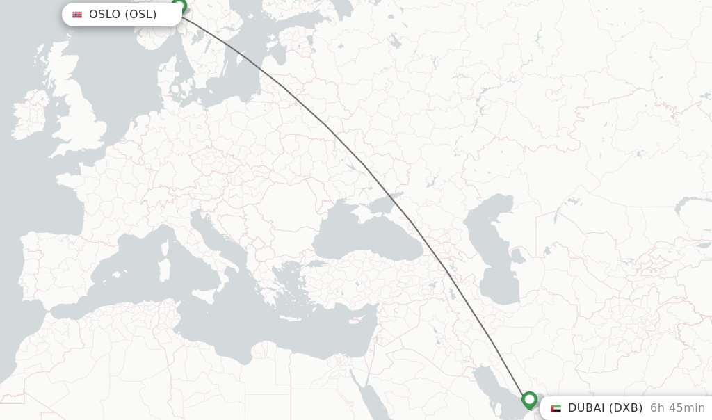 Flights from Oslo to Dubai route map