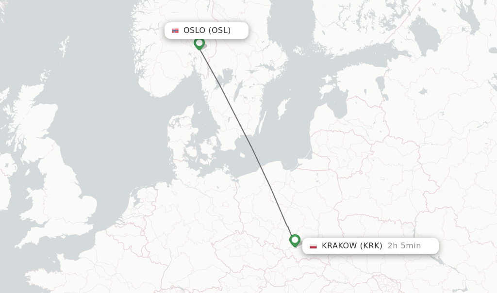 Flights from Oslo to Krakow route map