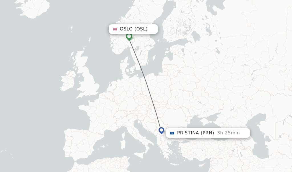 Flights from Oslo to Pristina route map