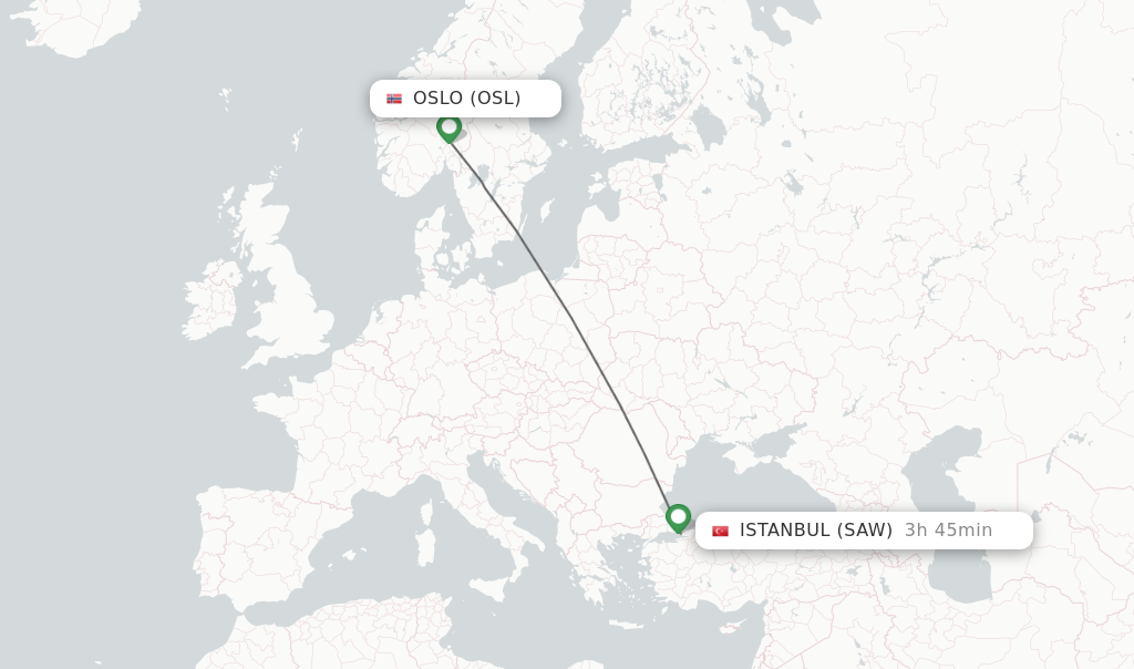 Flights from Oslo to Istanbul route map