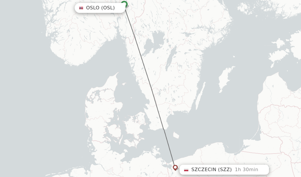 Flights from Oslo to Szczecin route map