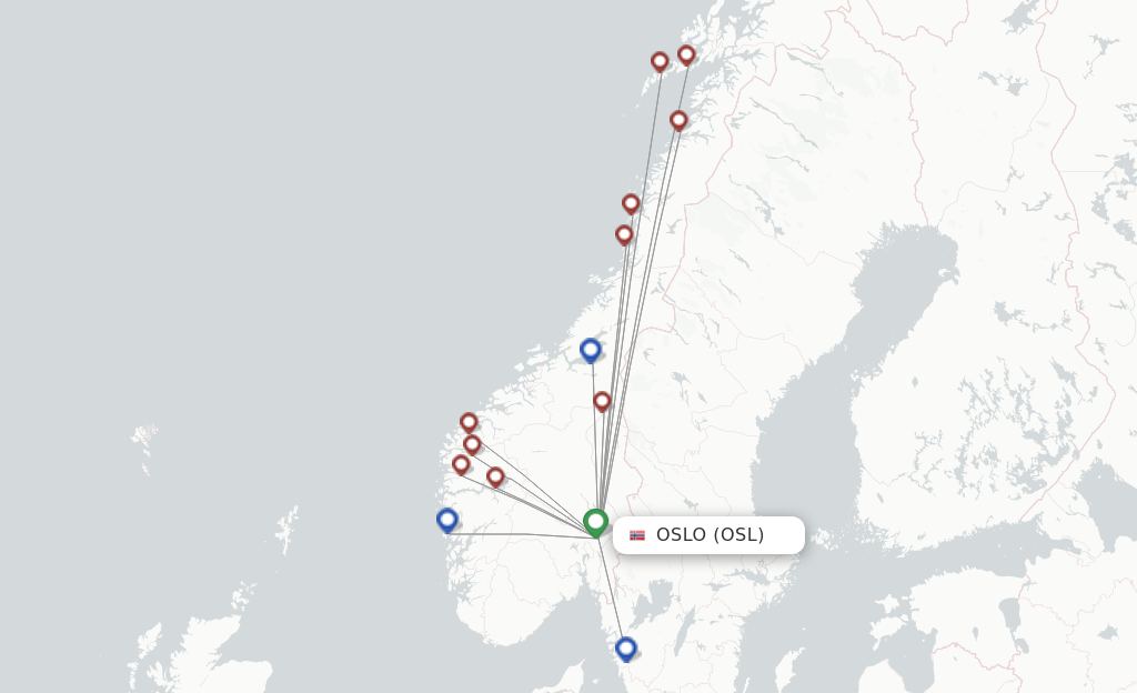 Route map with flights from Oslo with Wideroe