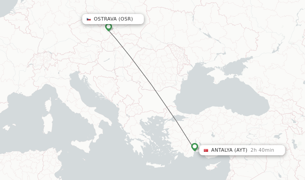 Flights from Ostrava to Antalya route map