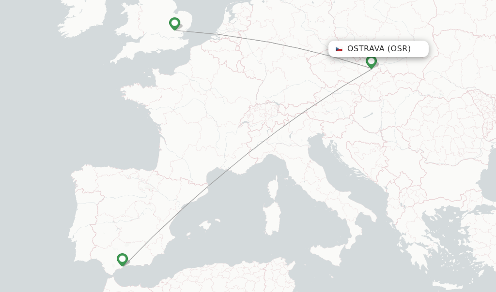 Route map with flights from Ostrava with Ryanair