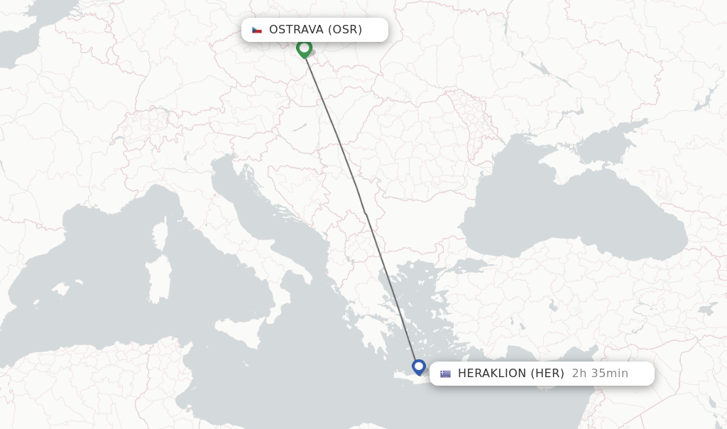 Flights from Ostrava to Heraklion route map