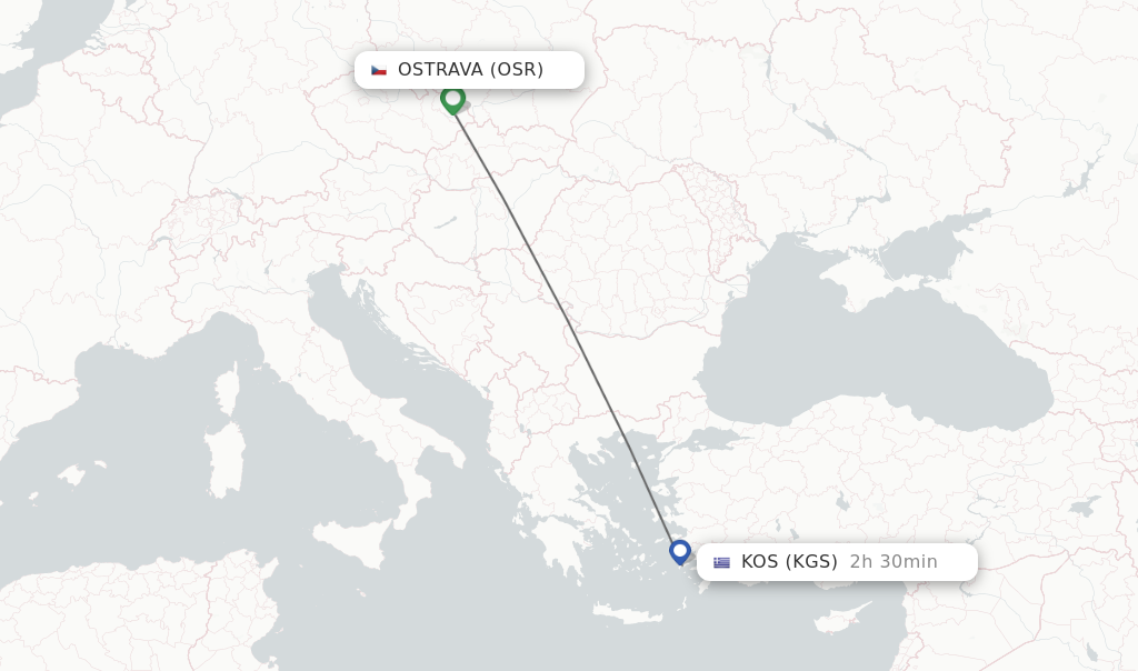 Flights from Ostrava to Kos route map