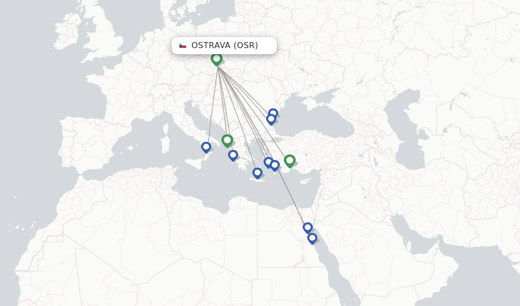 Route map with flights from Ostrava with SmartWings