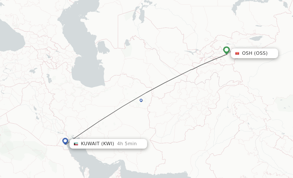 Flights from Osh to Kuwait route map