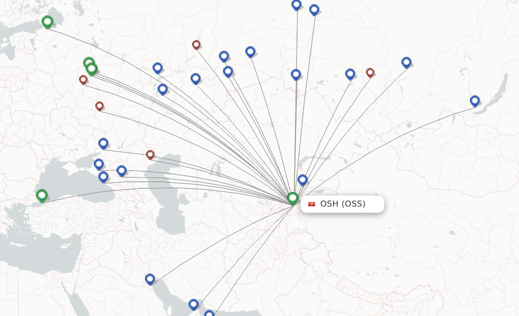 Route map with flights from Osh with Tez Jet Airlines