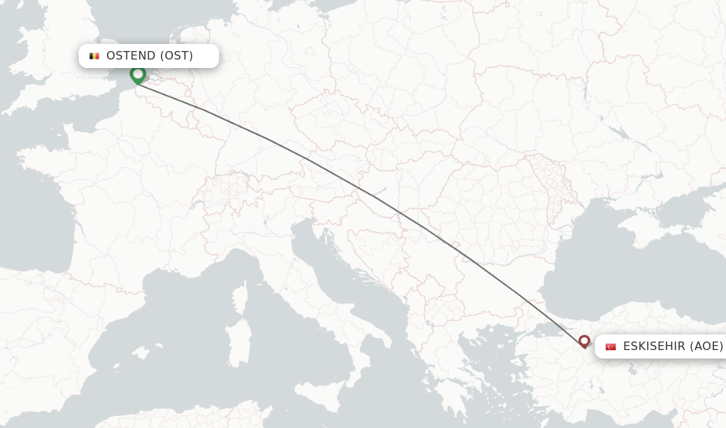 Flights from Ostend to Eskisehir route map