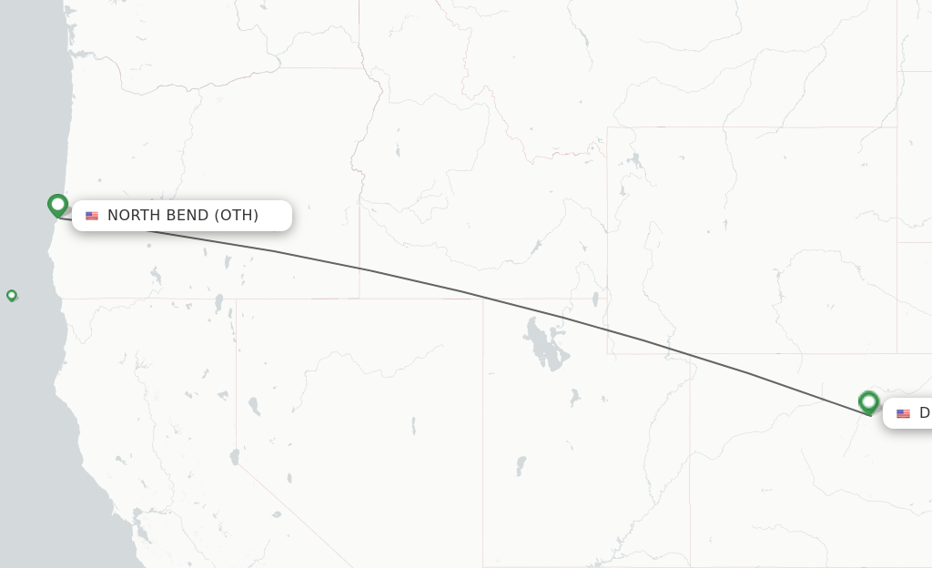 Flights from North Bend to Denver route map