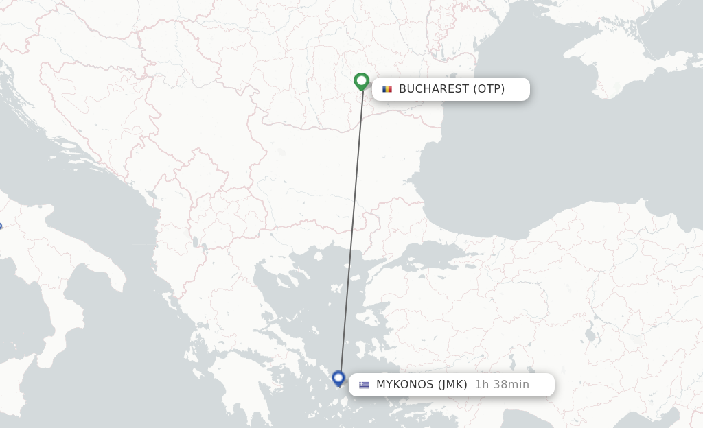 Flights from Bucharest to Mykonos route map