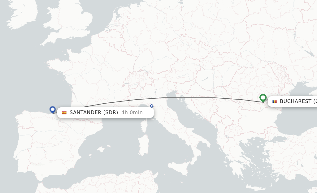 Flights from Bucharest to Santander route map