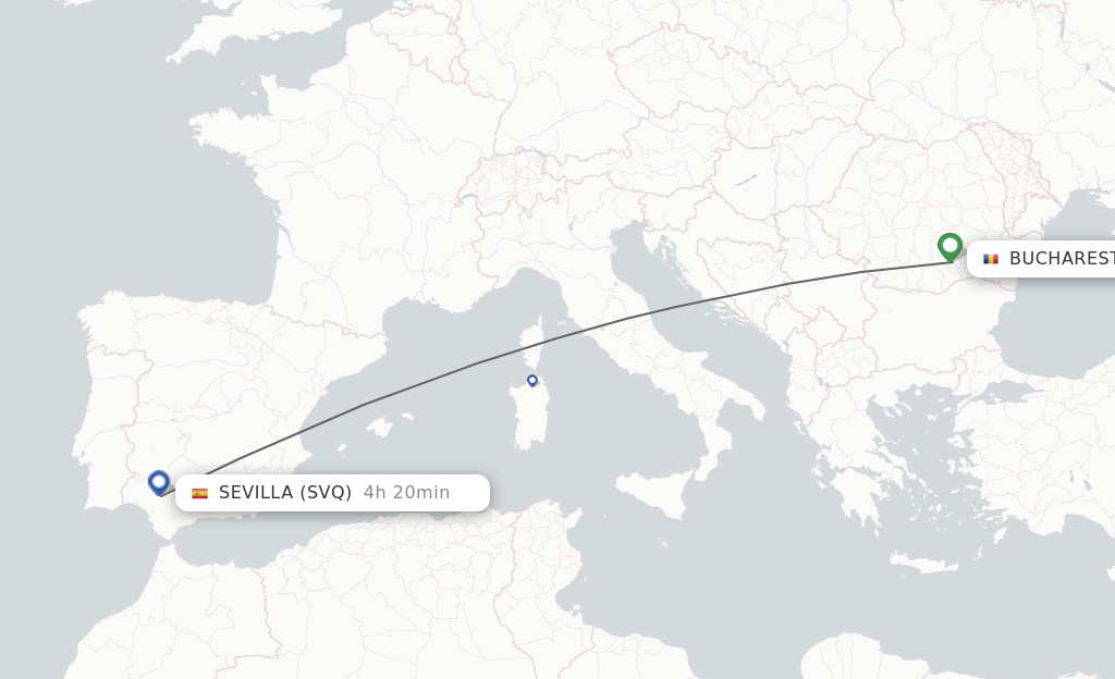 Flights from Bucharest to Sevilla route map