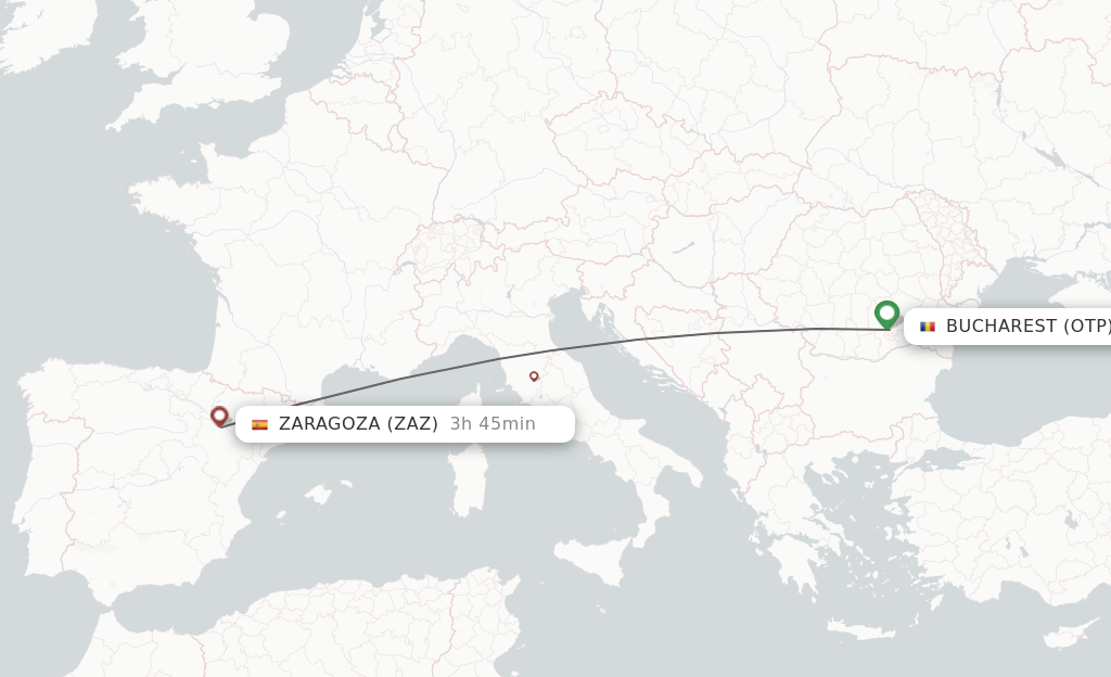 Flights from Bucharest to Zaragoza route map