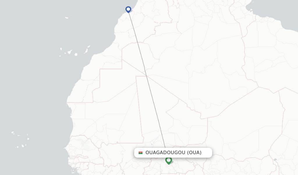 Route map with flights from Ouagadougou with Royal Air Maroc