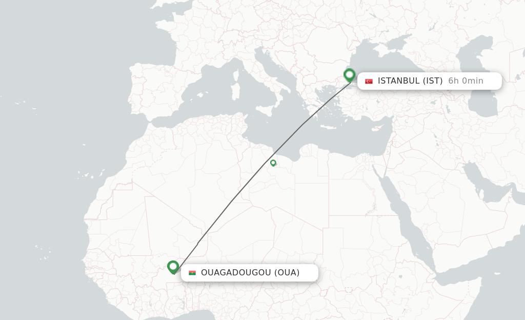 Flights from Ouagadougou to Istanbul route map