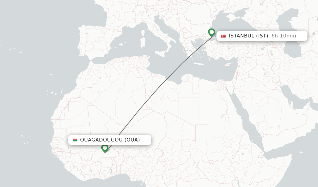 Flights from Ouagadougou to Istanbul route map