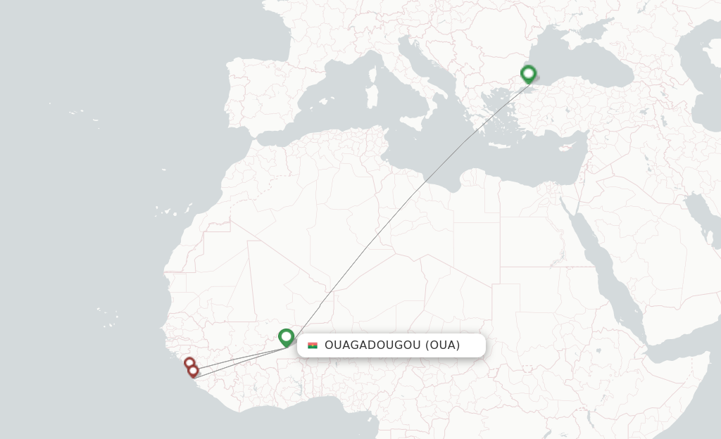 Route map with flights from Ouagadougou with Turkish Airlines