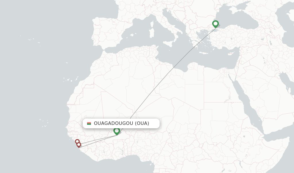 Route map with flights from Ouagadougou with Turkish Airlines