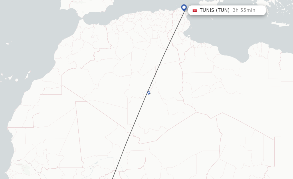 Flights from Ouagadougou to Tunis route map