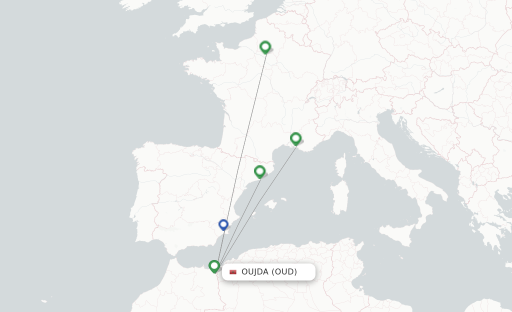 Route map with flights from Oujda with Air Arabia Maroc