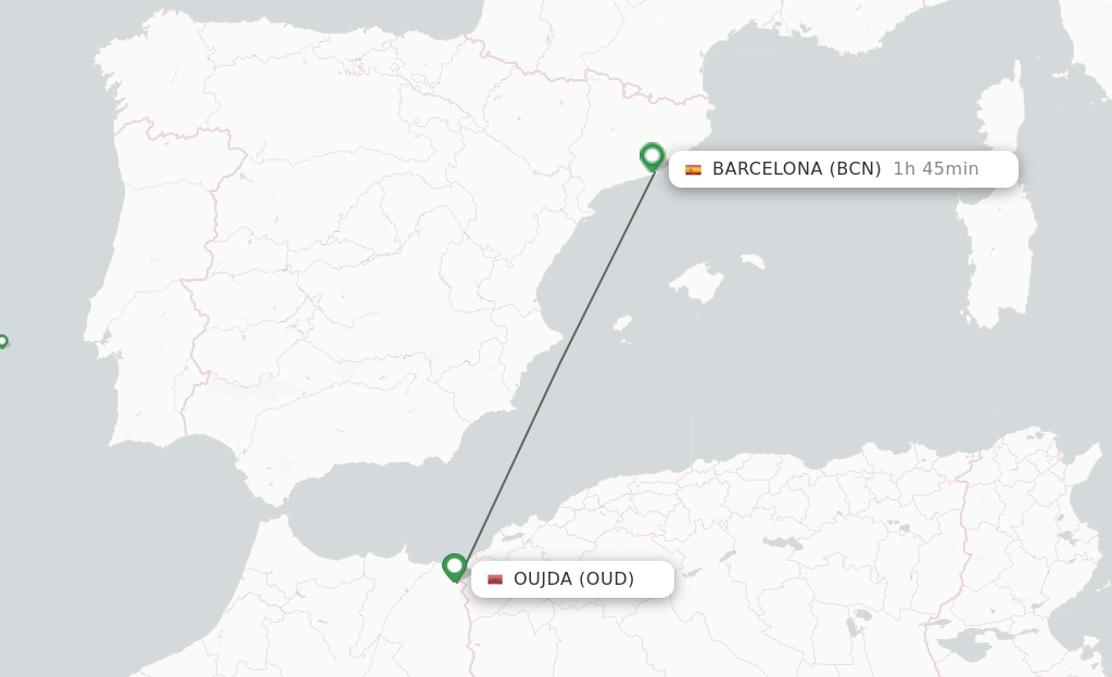 Flights from Oujda to Barcelona route map