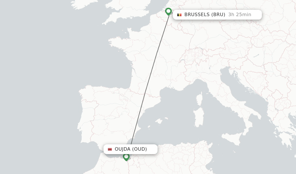 Flights from Oujda to Brussels route map