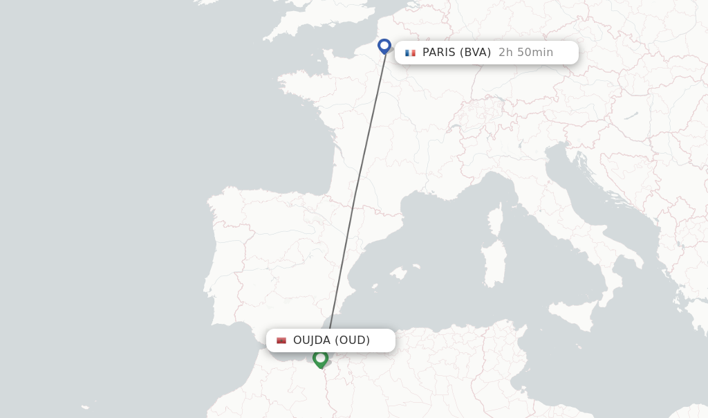 Flights from Oujda to Paris route map