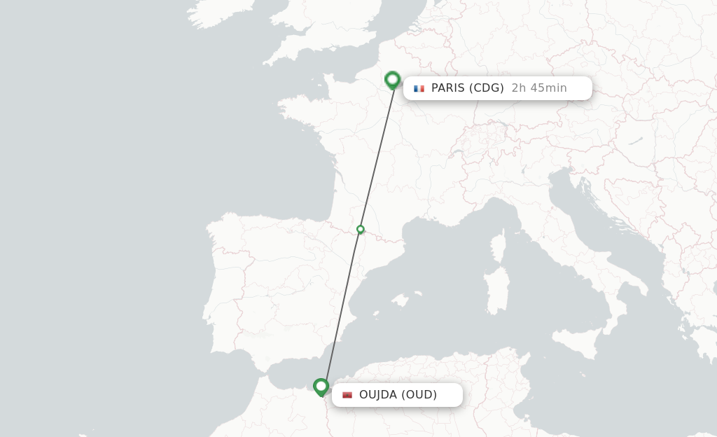 Flights from Oujda to Paris route map