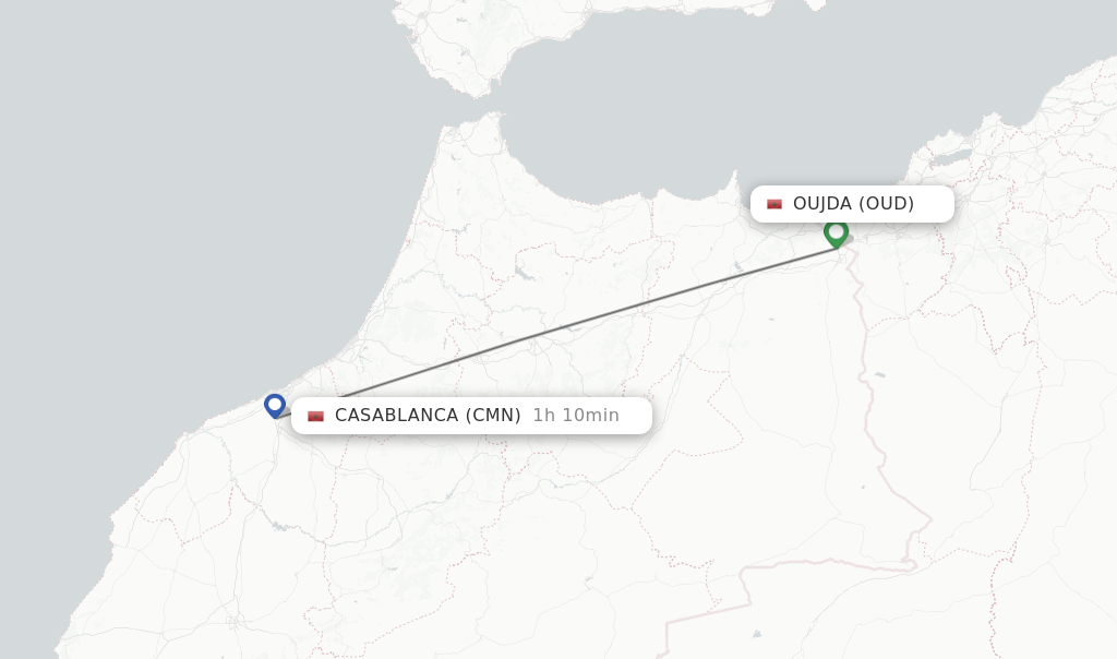 Flights from Oujda to Casablanca route map