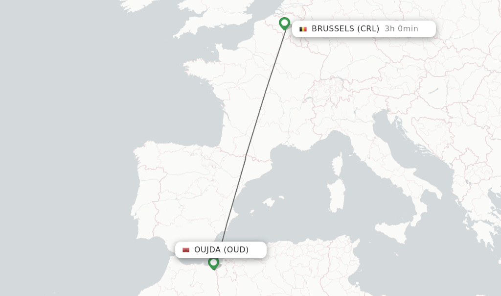 Flights from Oujda to Brussels route map