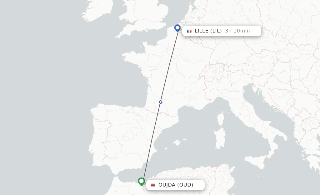 Flights from Oujda to Lille route map