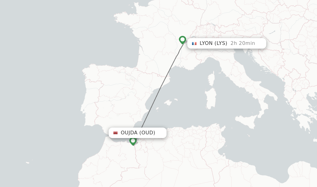Flights from Oujda to Lyon route map